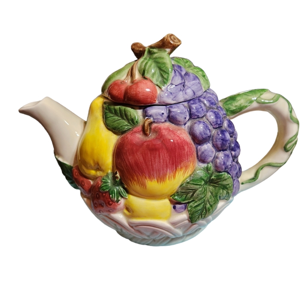 Vintage Otagiri Teapot and Lid Hand-Painted Porcelain Fruits Berries - Japan